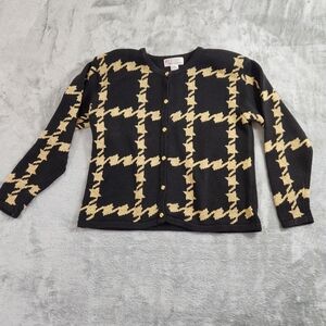 vtg milano DG 80s button up cardigan sweater blk gold houndstooth shldr pads sm